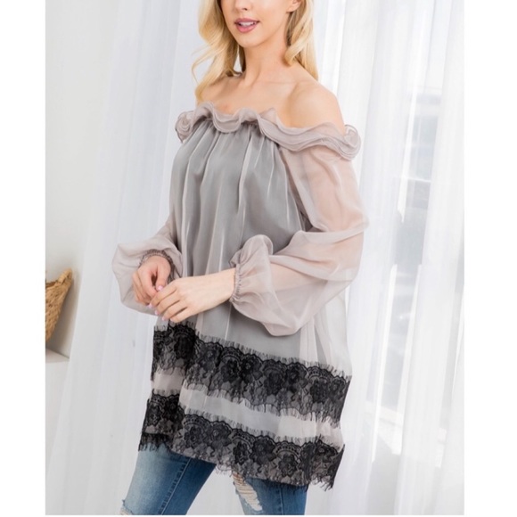 🎉New Clearance RYU Off the Shoulder Ruffle Sheer Sleeve Dress / Top - Picture 7 of 7